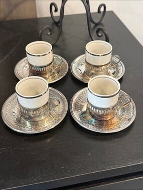 Bellini Sliver Plate & Veracruz Porcelain Espresso Cup & Saucer Set 4pc like new
